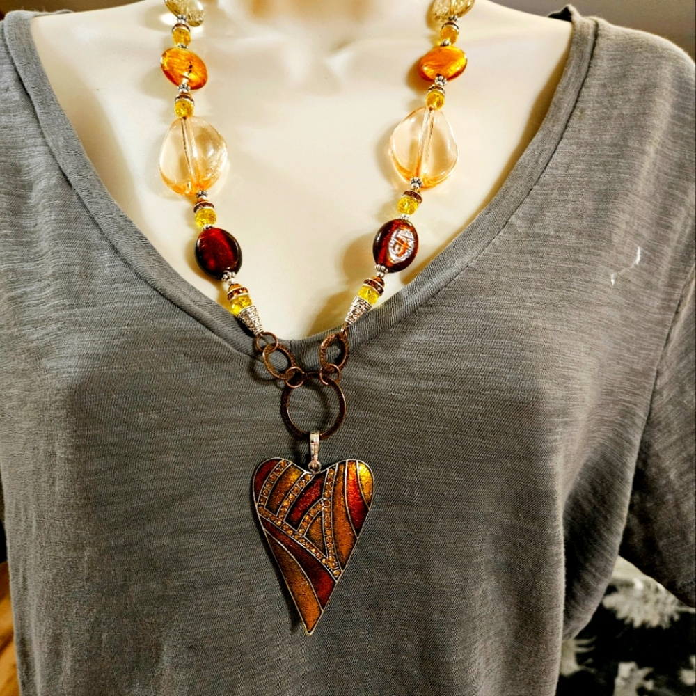 Artisan Beaded Crystal Heart Necklace Gold and Yellow. Fall Colors